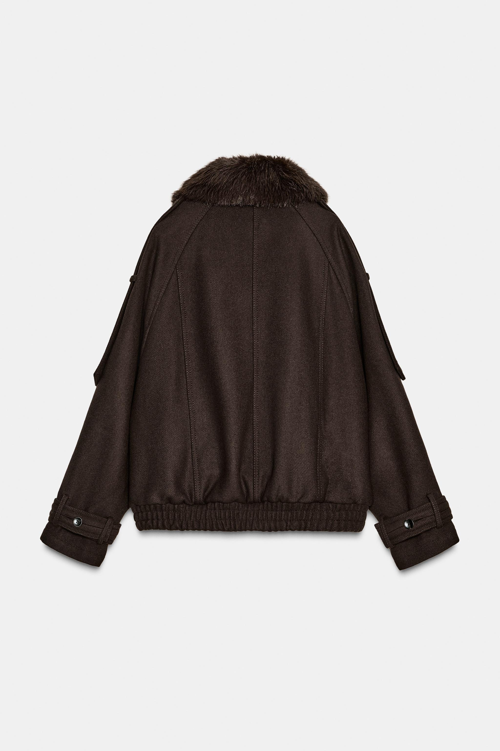 ZW COLLECTION ウールフェイクファーカラージャケット - ブラウン