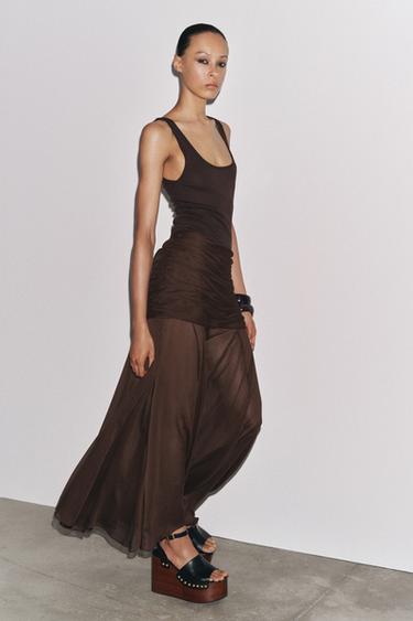 Zara ZW COLLECTION SEMI-SHEER DRAPED SKIRT - Dark brown