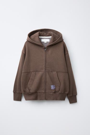 ZIP-UP HOODIE WITH LABEL — Brown 1