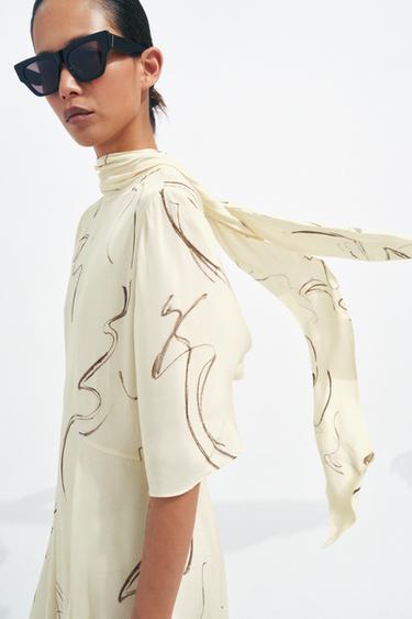 Zara ZW COLLECTION PRINTED DRESS WITH TIES - Yellow