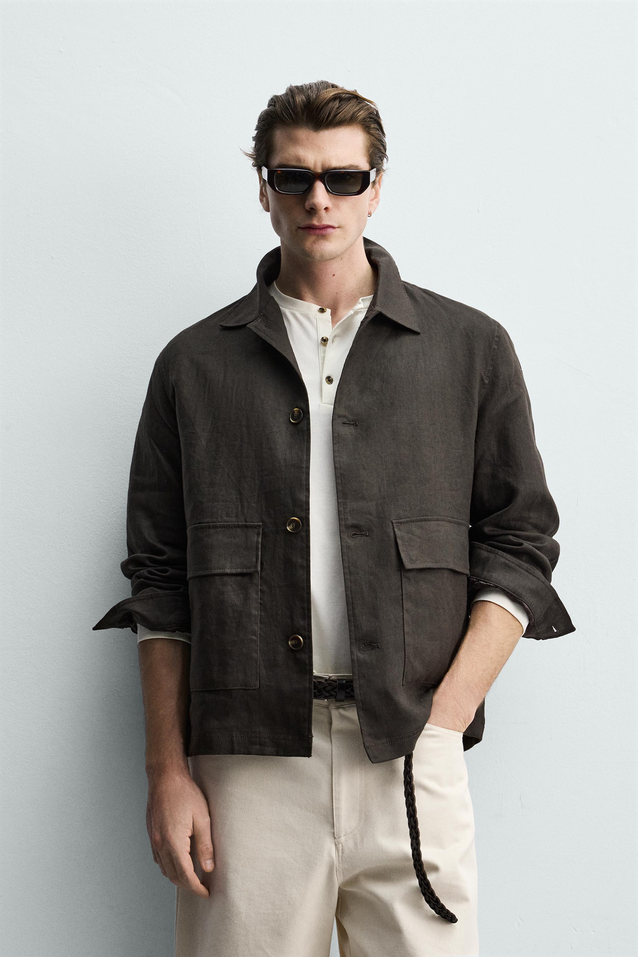 100% LINEN OVERSHIRT — Brown