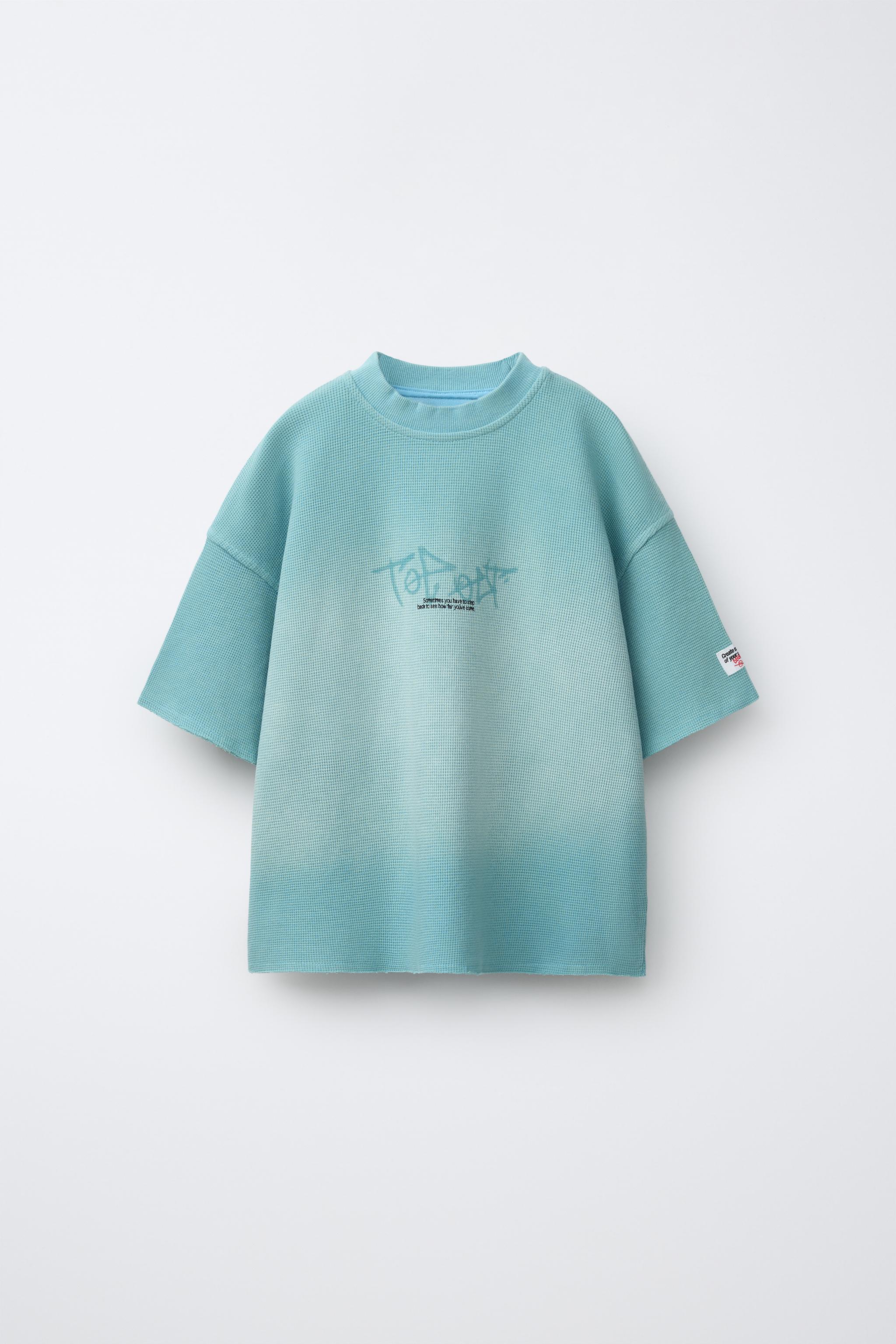 GRAFFITI PRINT WAFFLE-KNIT T-SHIRT — Sky blue