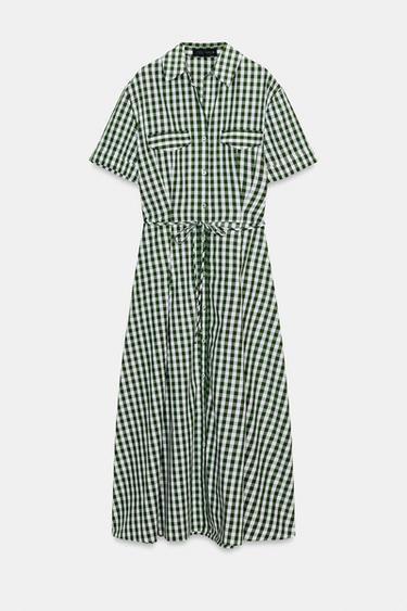 Zara GINGHAM CHECK SHIRT DRESS ZW COLLECTION - Green