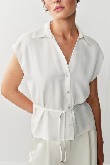 АТЛАСНАЯ РУБАШКА С КОРОТКИМ РУКАВОМ И ПОЯСОМ — БЕЛЫЙ от Zara