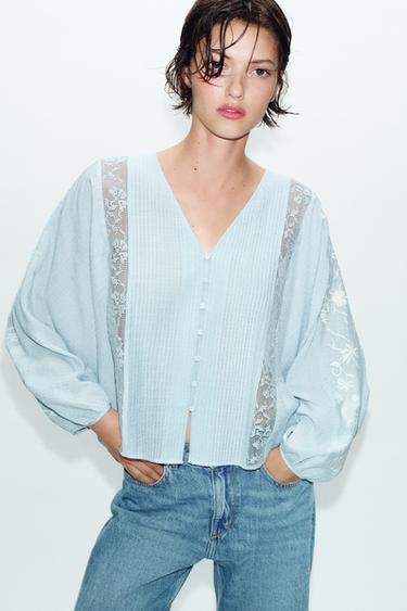 CONTRAST EMBROIDERED BLOUSE - Pastel blue by Zara - Image 1