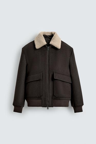 Zara WOOL BLEND JACKET WITH COMBINATION COLLAR - Brown