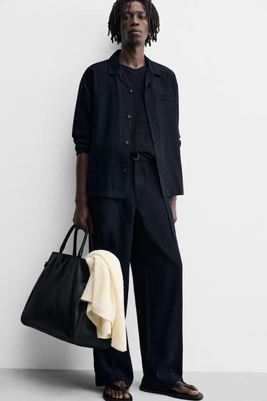 Zara RELAXED FIT BELTED PANTS - Navy blue