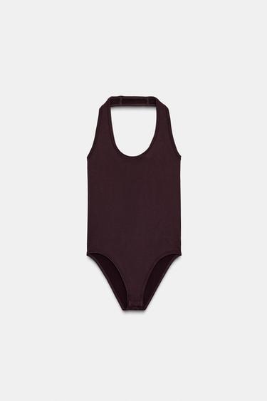 БЕСШОВНОЕ БОДИ С ГОРЛОВИНОЙ ХАЛТЕР — ШОКОЛАДНЫЙ от Zara