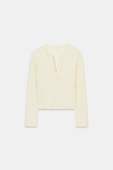 RIB LONG SLEEVE T-SHIRT - Ecru by Zara - Image 3