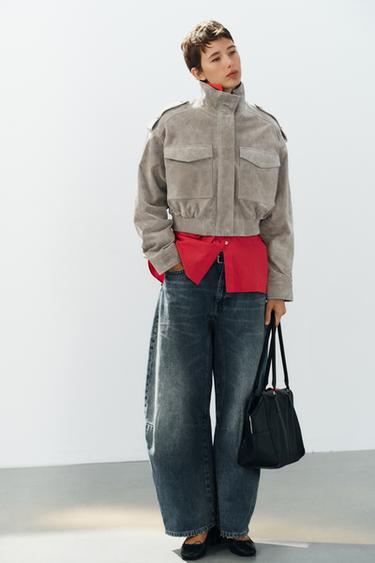 CAZADORA PIEL 100% CROPPED TRABILLA - Gris claro de Zara