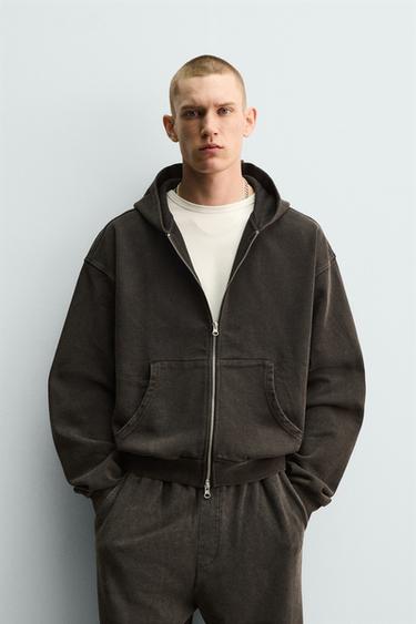 WASHED ZIP-UP HOODIE - Dark brown by Zara