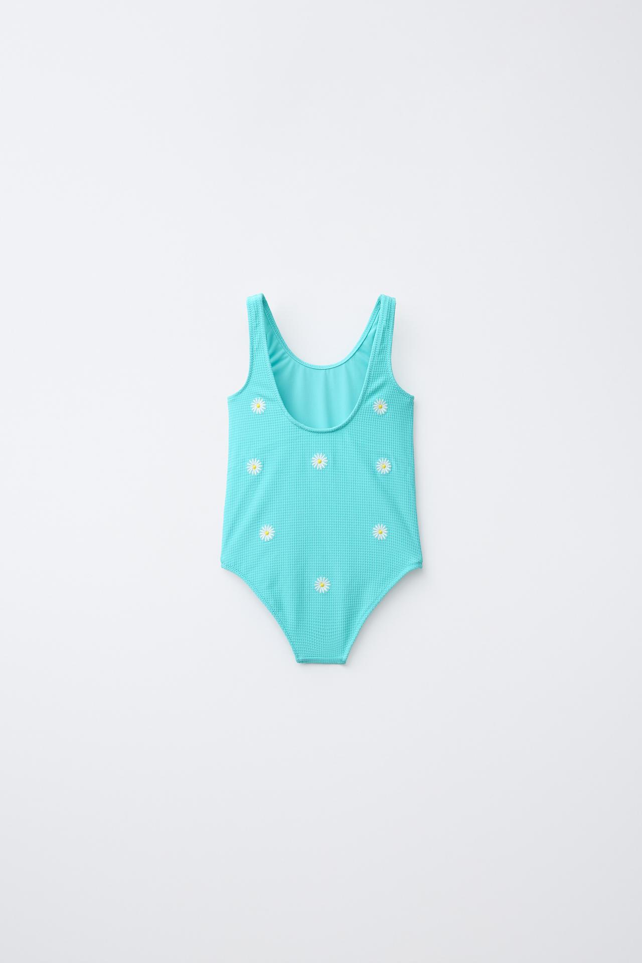 2-6 YEARS/ DAISY WAFFLE TEXTURE SWIMSUIT — Turquoise