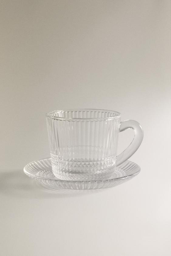 GLASS COFFEE CUP AND SAUCER WITH RAISED GEOMETRIC DESIGN - Transparent by Zara - Image 0