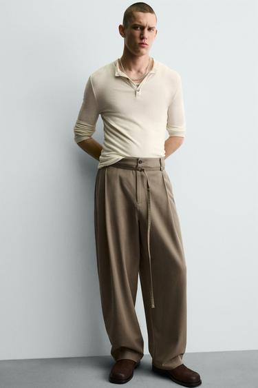 PANTALON BALLOON FIT À PLIS AVEC CEINTURE - Marron / Taupe de Zara - Image 4