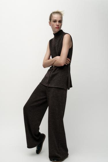 SOFT PIQUÉ WIDE-LEG TROUSERS - Brown marl by Zara - Image 0