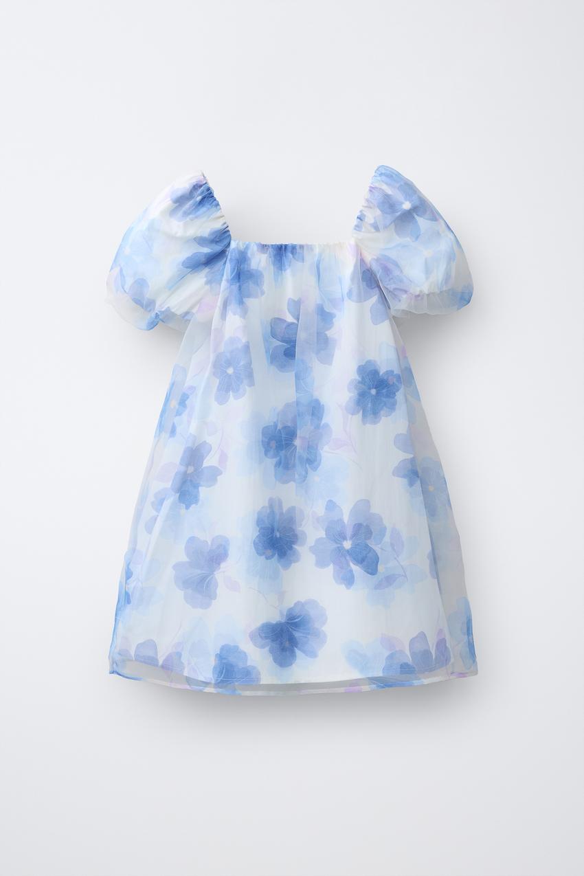 FLORAL PRINT ORGANZA DRESS - Ecru / Blue
