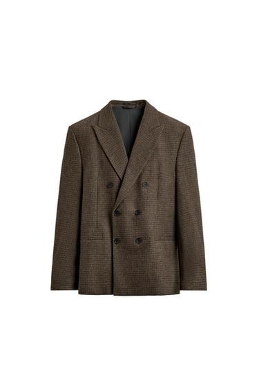 WOOL BLEND CHECK DOUBLE-BREASTED BLAZER - Brown by Zara