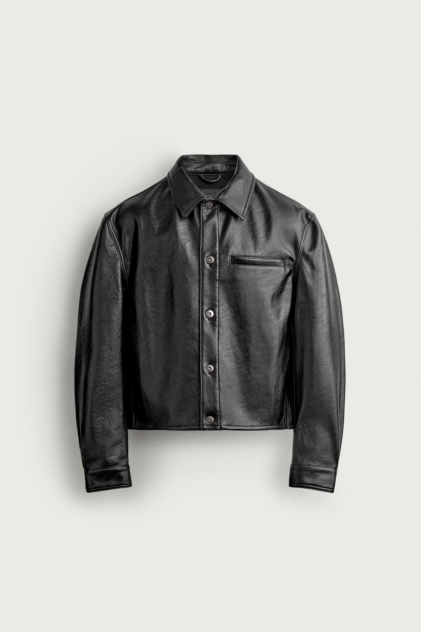 Мужская укороченная рубашка-куртка Zara из экокожи, цвет: Чёрный — фото 7