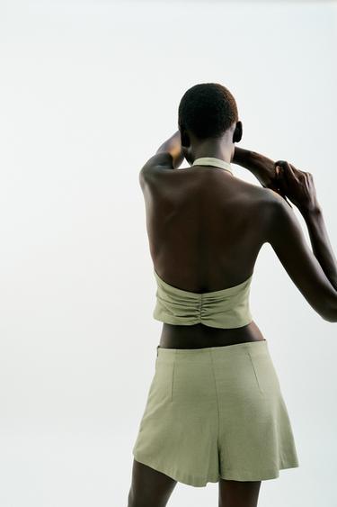 GATHERED LINEN BLEND SKORT - Light khaki by Zara - Image 4