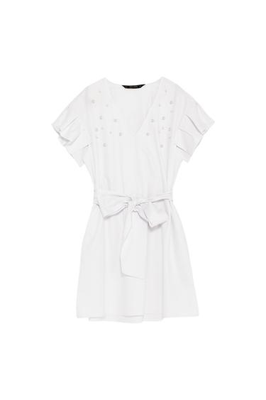 RUFFLED POPLIN DRESS WITH FAUX PEARLS