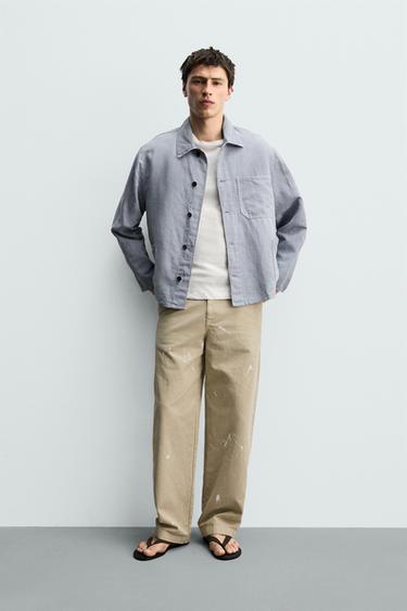 Zara 寬鬆棉麻襯衫式外套 - 藍色 - 圖片 0
