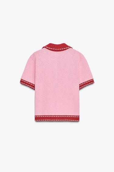 STITCHED KNIT CARDIGAN WITH SHORT SLEEVES - Pink by Zara - Image 5
