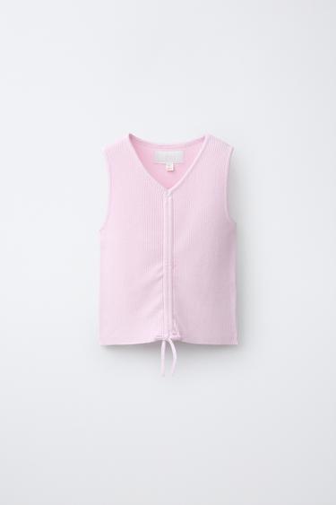 Zara RIBBED KNIT RUCHED TOP - Pale pink