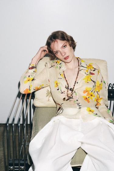 Zara ZW COLLECTION RAMIE FLORAL SHIRT - Ecru