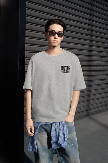 Zara 摩托車圖案 T 恤 - 斑紋灰色