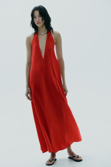 HALTER-MIDIKLEID MIT SCHLEIFE - Rot von Zara