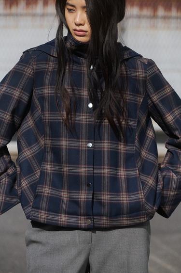 CHECKED HOODED PUFFER JACKET - red/navy by Zara