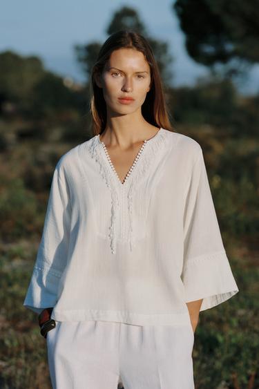 BLUSA KIMONO ALGODÓN - Blanco de Zara