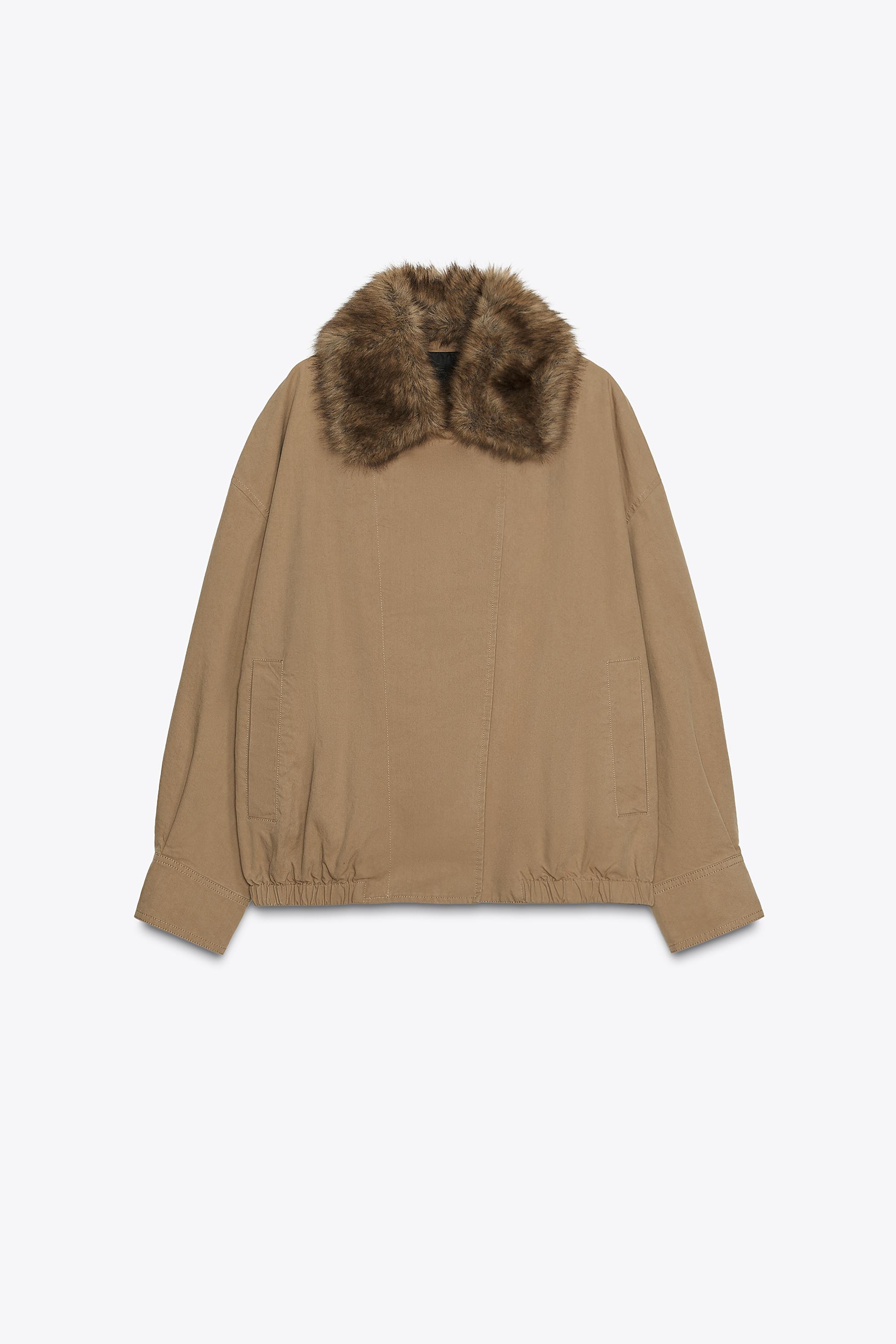 Zara Camel Detachable Faux Fur Trim Coat ZW COLLECTION FAUX FUR