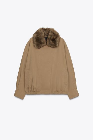 Zara ZW COLLECTION FAUX FUR COLLAR BOMBER JACKET - Dark camel