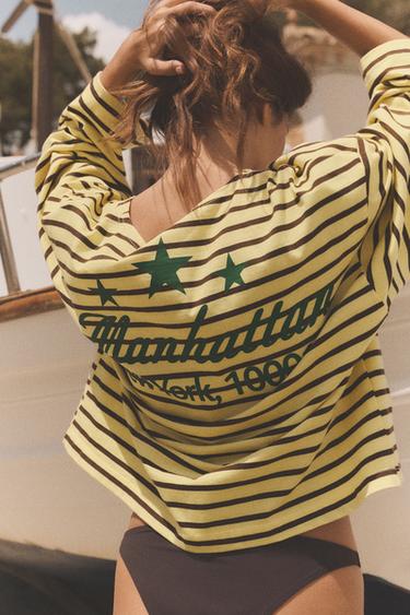 STRIPED T-SHIRT WITH SLOGAN - Yellow by Zara - Image 2