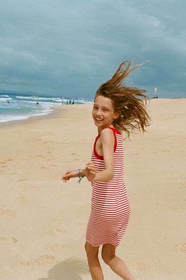 STRIPED RIBBED DRESS - Ecru / Red by Zara