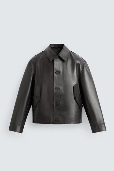 CAZADORA PIEL CROPPED FIT - Marrón de Zara