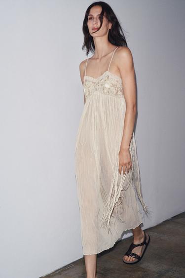 EMBROIDERED FRINGED COMBINATION DRESS - Oyster-white by Zara - Image 3