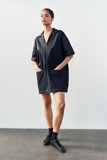 ROBE EN POPELINE À SURPIQÛRES CONTRASTE - Bleu marine de Zara - Image 0
