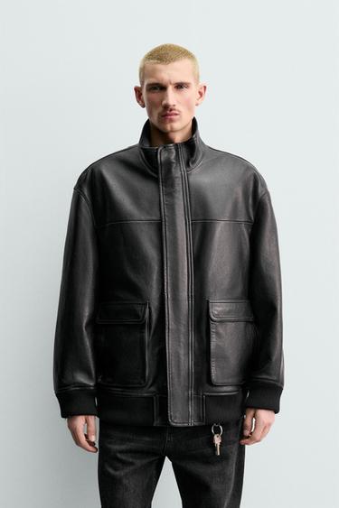 RELAXED FIT LEATHER JACKET - Black by Zara