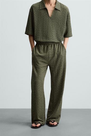 Zara TEXTURED STRUCTURE PANTS - Green