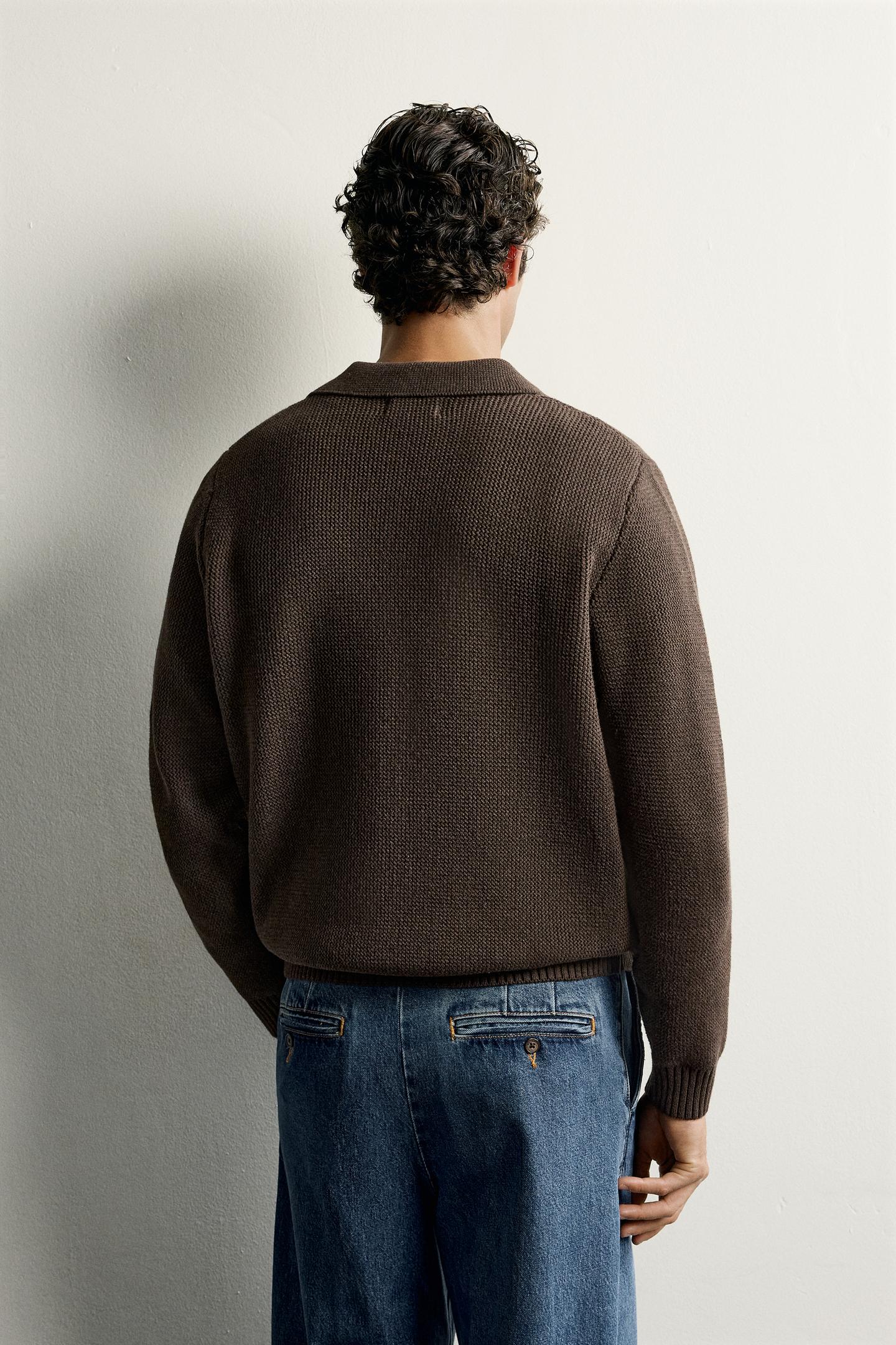 Мужское поло Zara Cotton Texture Polo Shirt, цвет: Коричневый — фото 3