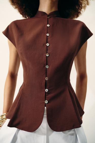 TOP PÉPLUM À PINCES - Marron clair de Zara - Image 4