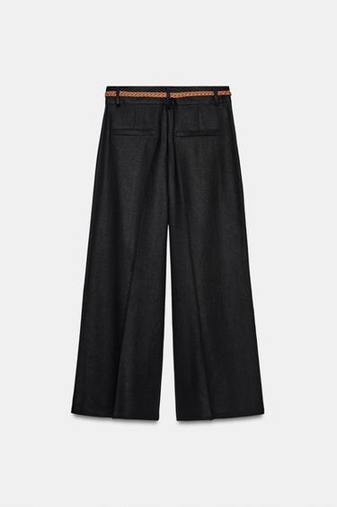 PANTALON JUPE-CULOTTE EN LIN AVEC CEINTURE TRESSÉE - Noir de Zara - Image 8
