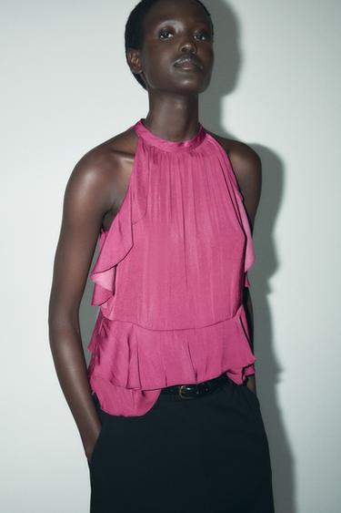 Zara RUFFLED HALTER TOP - Cherry red
