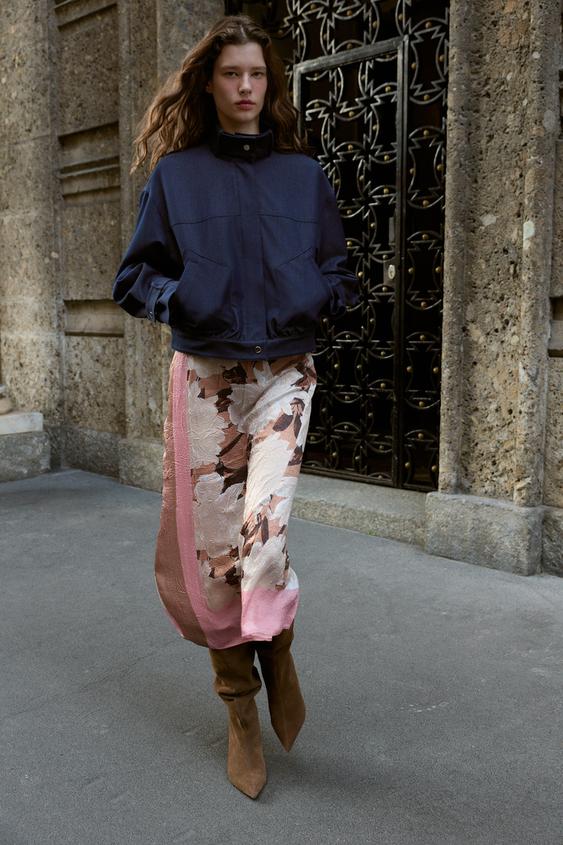 FLORAL PRINT SATIN EFFECT MIDI SKIRT