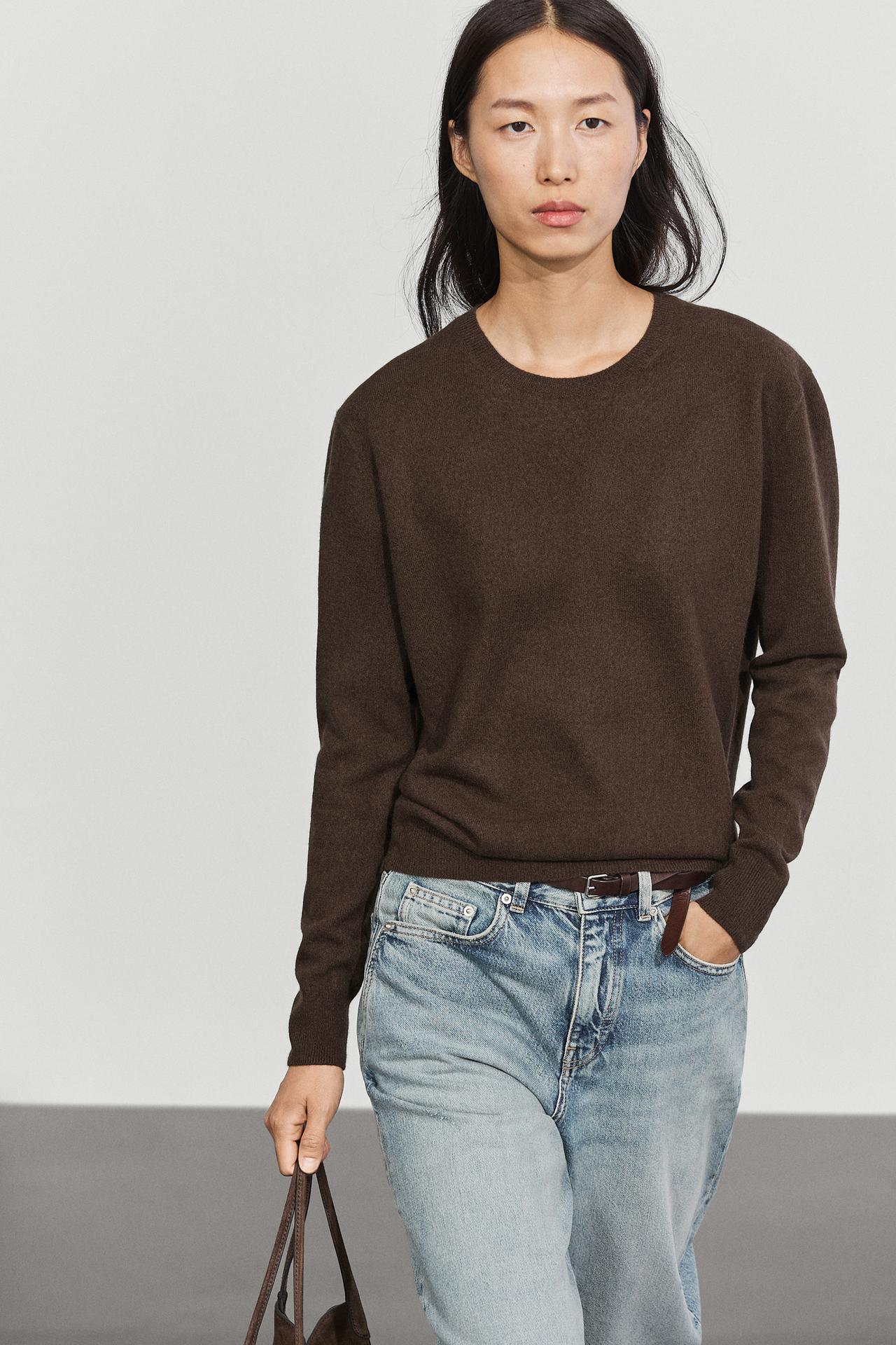 Wool blend crew neck knit sweater — Brown marl