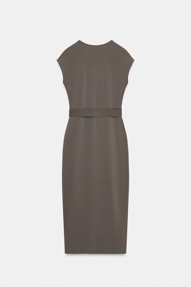 Zara BELTED STRETCH MIDI DRESS - Mid khaki