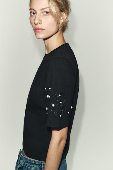 EMBROIDERED BEADED T-SHIRT - Black by Zara - Image 2