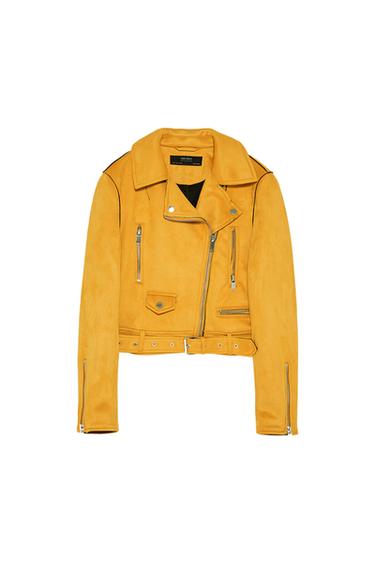 Front view of a yellow jacket with zips and front pockets.